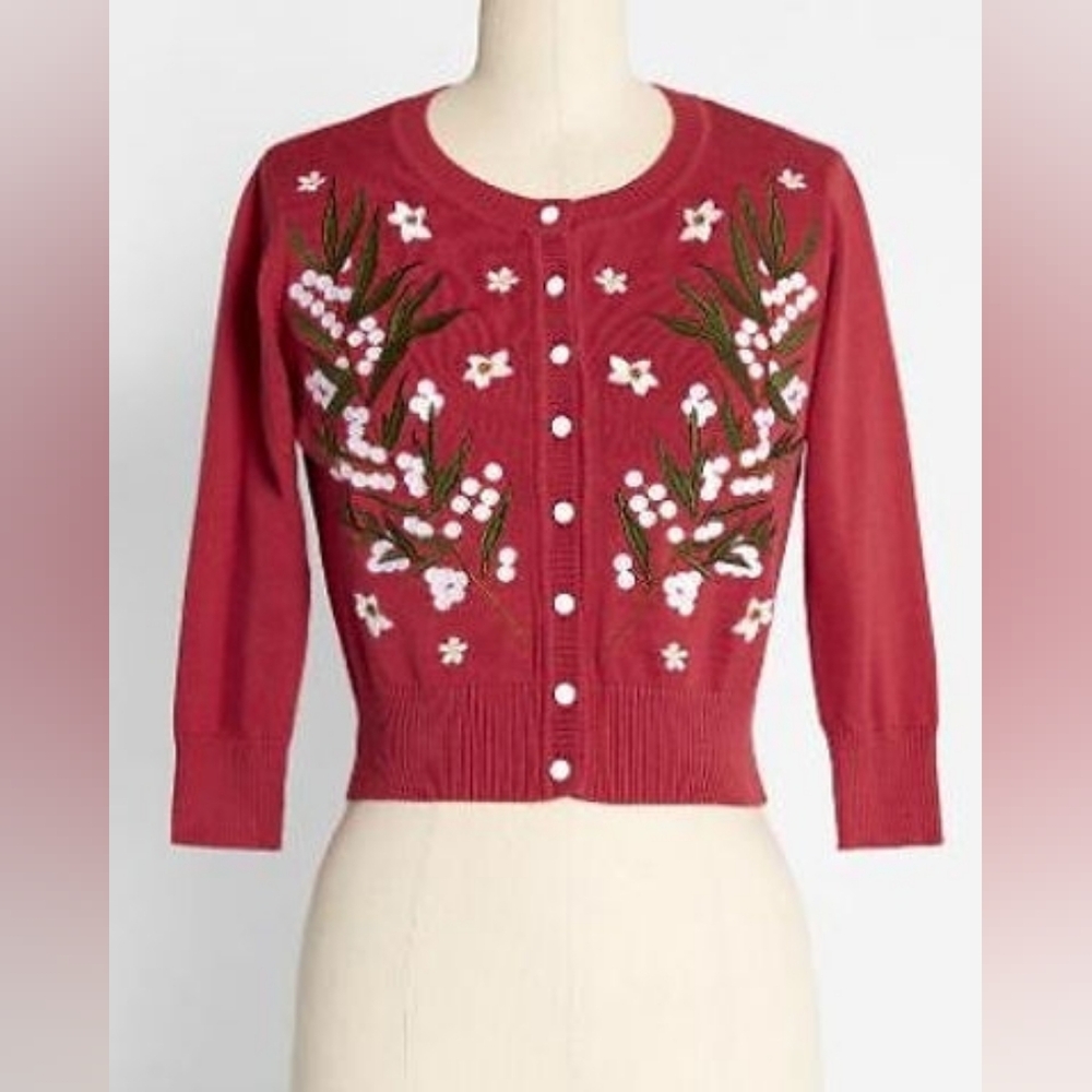 Collectif Red Cardigan with Floral Embroidery